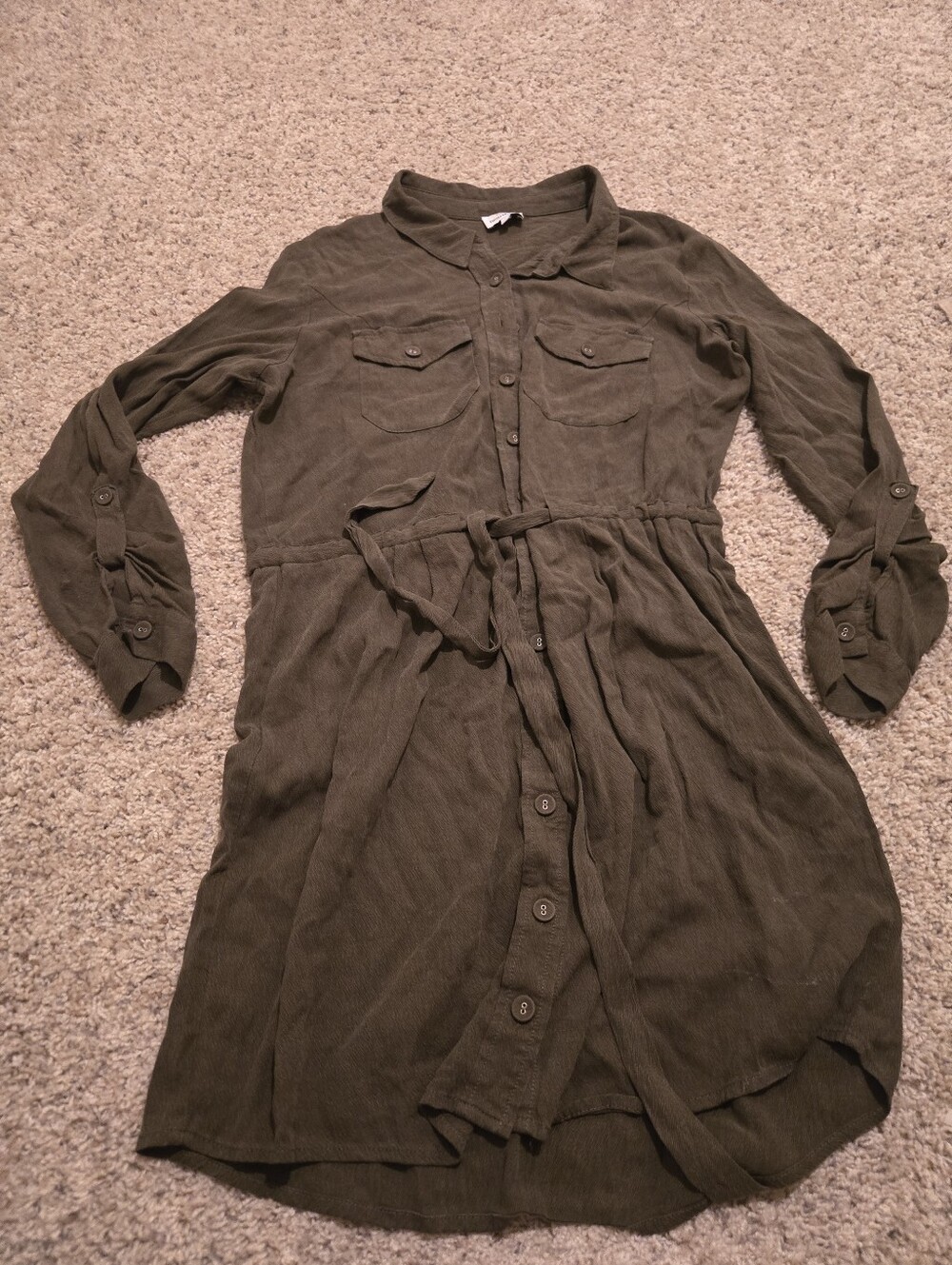Heartloom Olive Green Button-Front Shirt Dress with Waist Tie